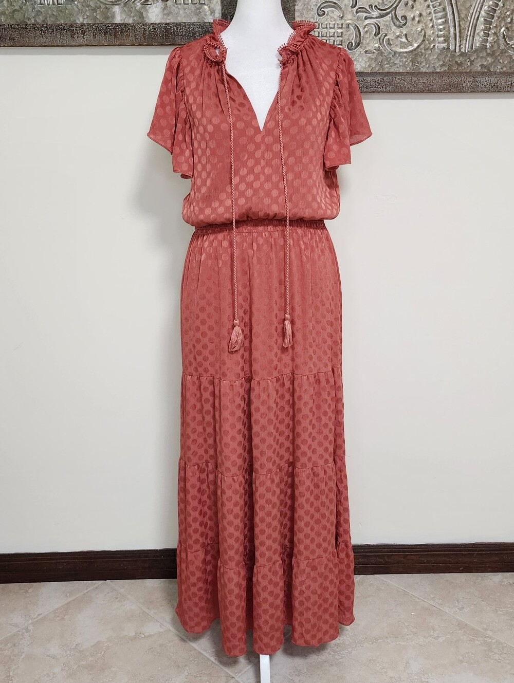 Max Studio Rust Polka-Dot Maxi Dress with Tie Neck Small Boho Chic Casual Outing